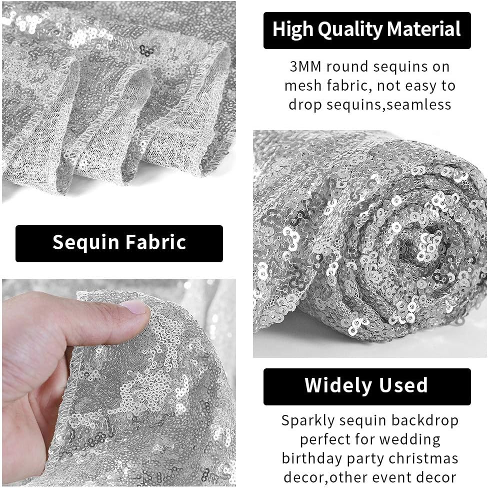 Hahuho Silver Sequin Backdrop Curtain, 2PCS 2FTx8FT Glitter Backdrop Curtain for Parties, Christmas, Wedding, Party Decoration（2 Panels, 2FT x 8FT, Silver