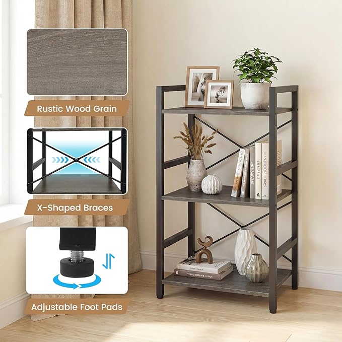 Tangkula 3-Tier Industrial Bookshelf, 16.5" Width Wooden Open Bookcase - Image 7