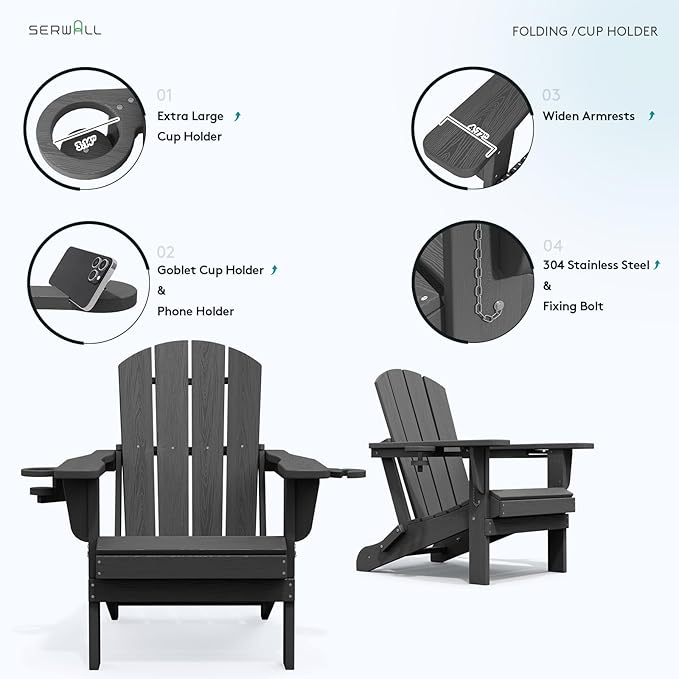SERWALL Foldable Adirondack Chair Set of 2, HDPE Adirondack Chair - Image 5