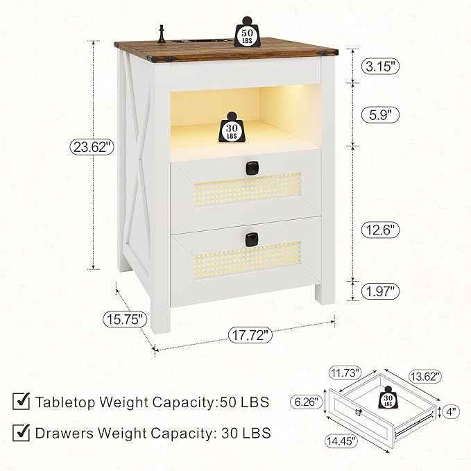 Bedside Table Set of 2 with Charger Station, Night Stand with Gun Drawer - Image 2