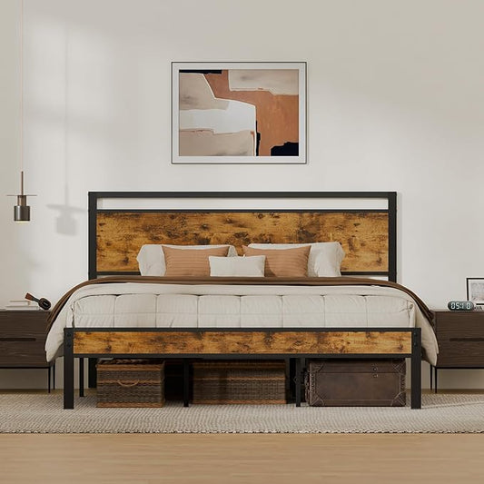 King Metal Bed Frame with Wooden Headboard and Footboard, Heavy Duty Platform by Z-HOM