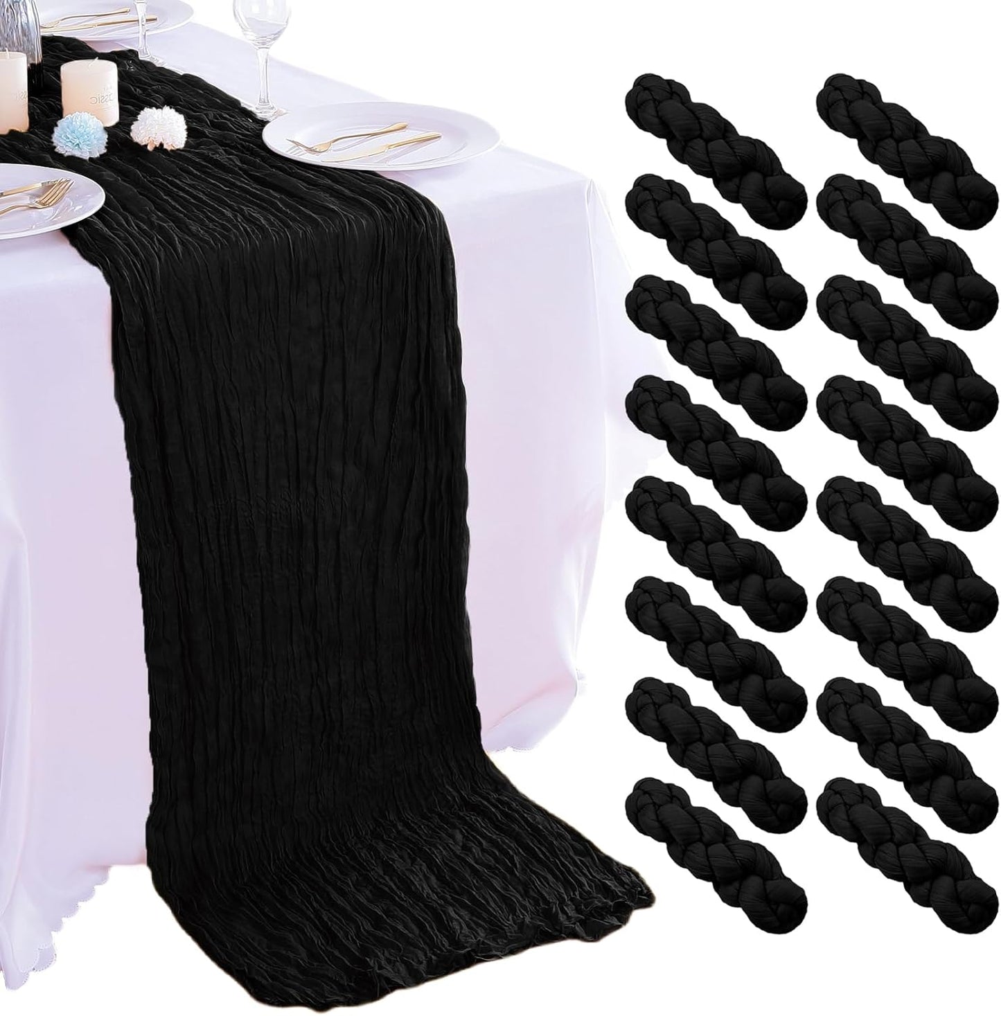 16PCS Black Cheesecloth Table Runner 10FT 35x120Inch Boho Gauze Cloth Long Rustic Sheer for Wedding Party Baby Bridal Shower Decor