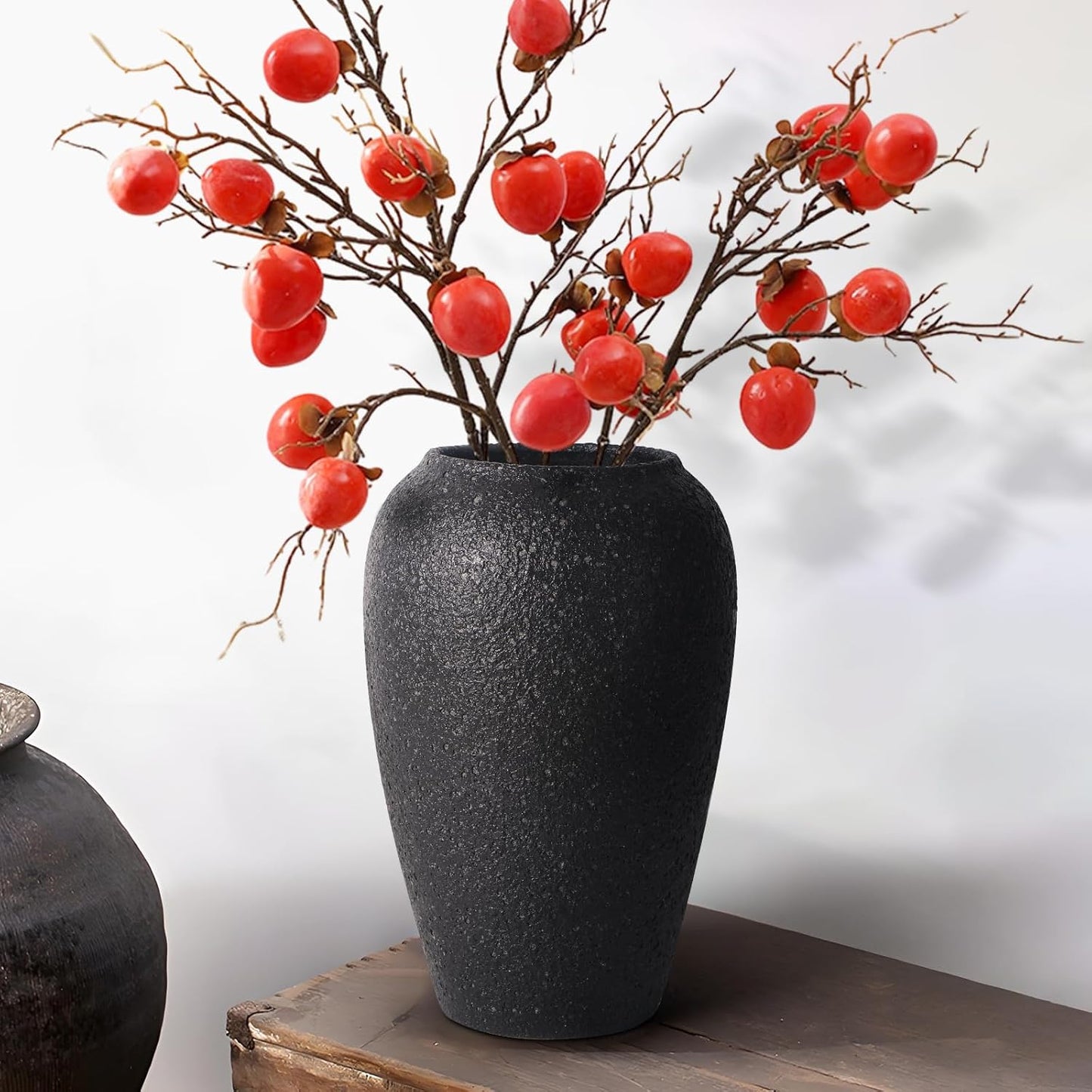 Large Rustic Vase for Flowers,10'' Black Farmhouse Ceramic Vases for Home Decor, Minimalist Decorative Tall Vase for Living Room, Entryway, Shelf, Premium Pottery Clay Table Centerpiece Decor