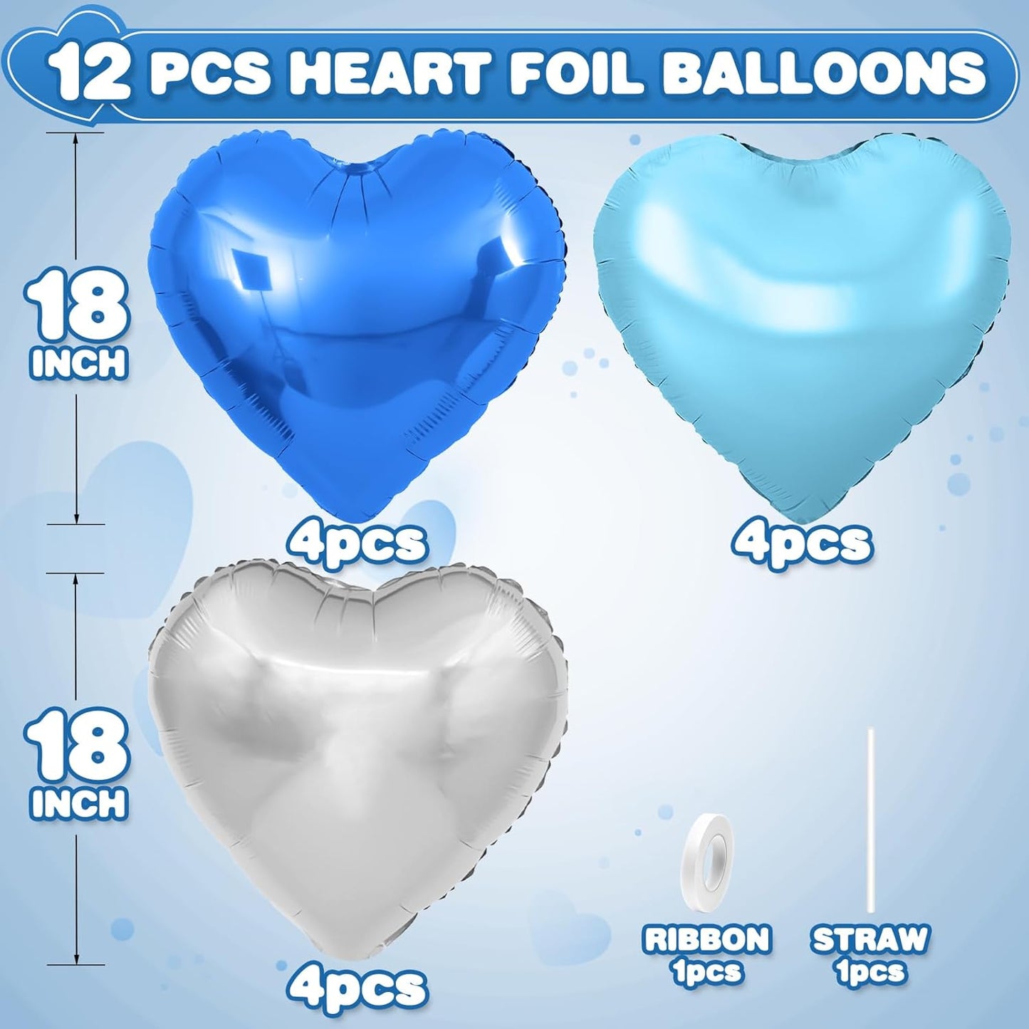 Blue Silver Heart Balloons,12Pcs Light Blue Heart Shaped Foil Balloons,18Inch Silver Helium Balloon for Baby Shower Birthday Anniversary Wedding Party Decorations