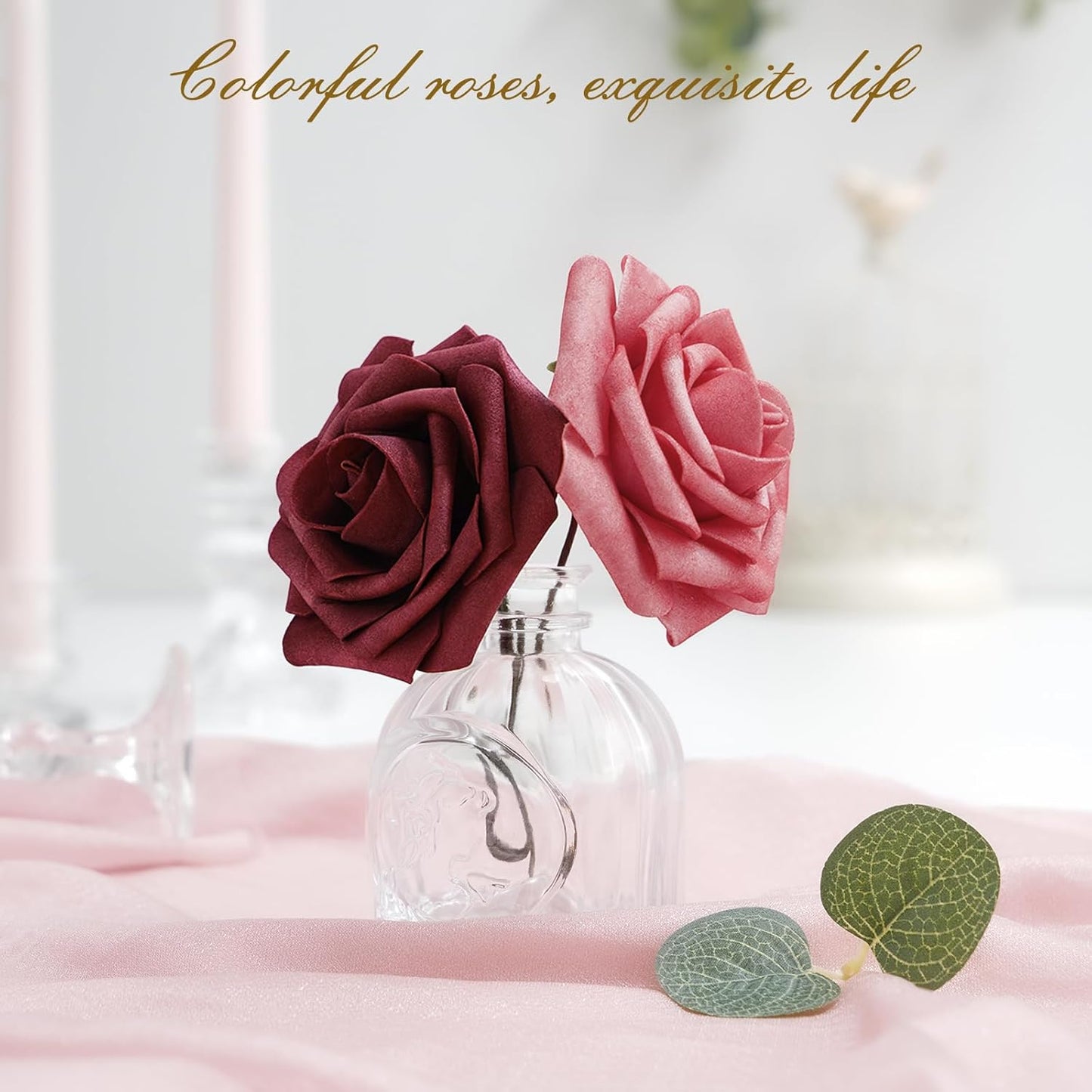 BLEUM CADE 36Pcs Artificial Flowers Fake Roses with Stems, Gradient Burgundy Boxed Foam Roses for DIY Bouquets Centerpieces Wedding Party Arrangement Bridal Shower Decor