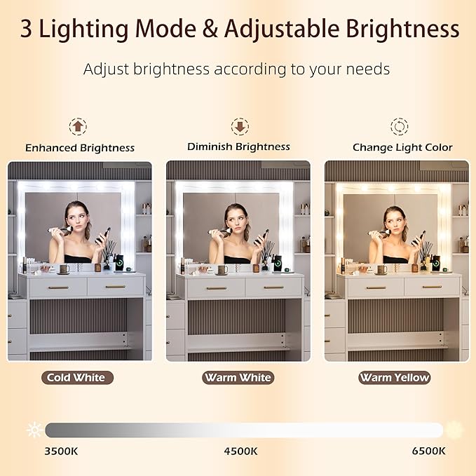 TOKSOM White Vanity Desk with Mirror, Lights & Charging Station, 2 Cabinets and - Image 3
