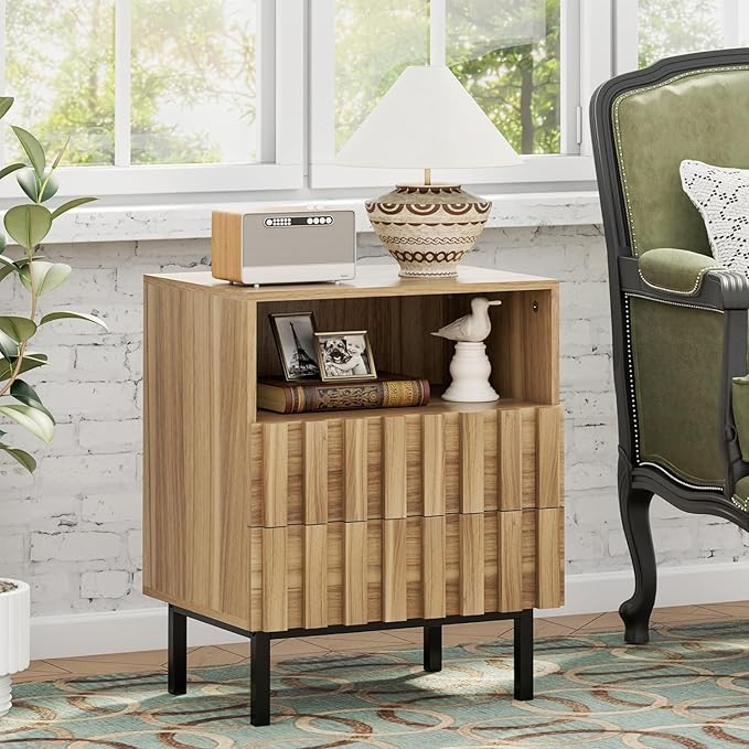 UEV Mid Century Modern Fluted Nightstand Set of 2, 2 Drawers End Table - Image 5