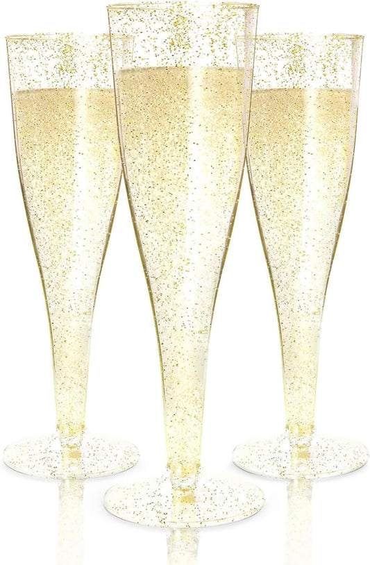 Prestee 200 Disposable Champagne Flutes Gold Glitter Glasses - 4.5 Oz Plastic Champagne Cups for Parties, Wedding Toasts, Mimosa Bar, and New Year’s Eve - Elegant Bulk Gold Plastic Wine Flutes