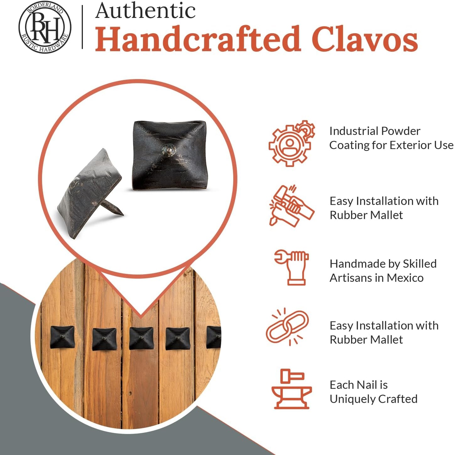 25 Pack 1.25" Square Head Iron Clavos Decorative Nails – Sealed Unfinished – Handmade Rustic Square Fasteners for Farmhouse Shutters, Barn Doors, Shutters, Gates – Ornamental Wood Accent