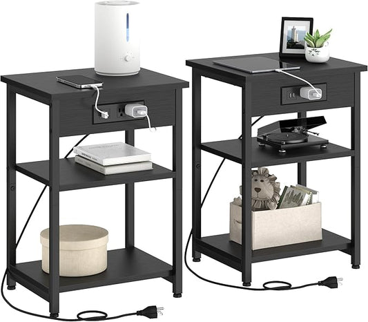 End Tables Set of 2 with Charging Station USB Ports, 3 Tier Tall Night Stand by CALERTAINDirect