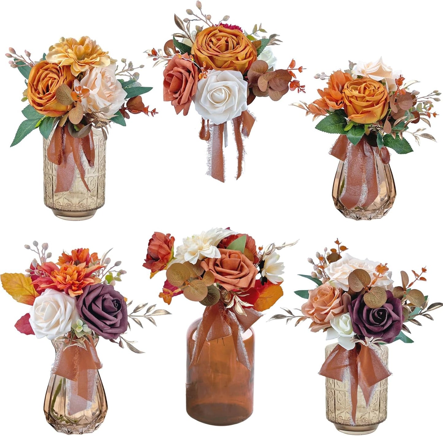 CherishedMoments Set of 6 Assorted Flower Centerpieces Mini Floral Wedding Flowers Set for Fall Wedding Table Centerpieces Decoration, Burnt Orange Bouquets and Home Decor