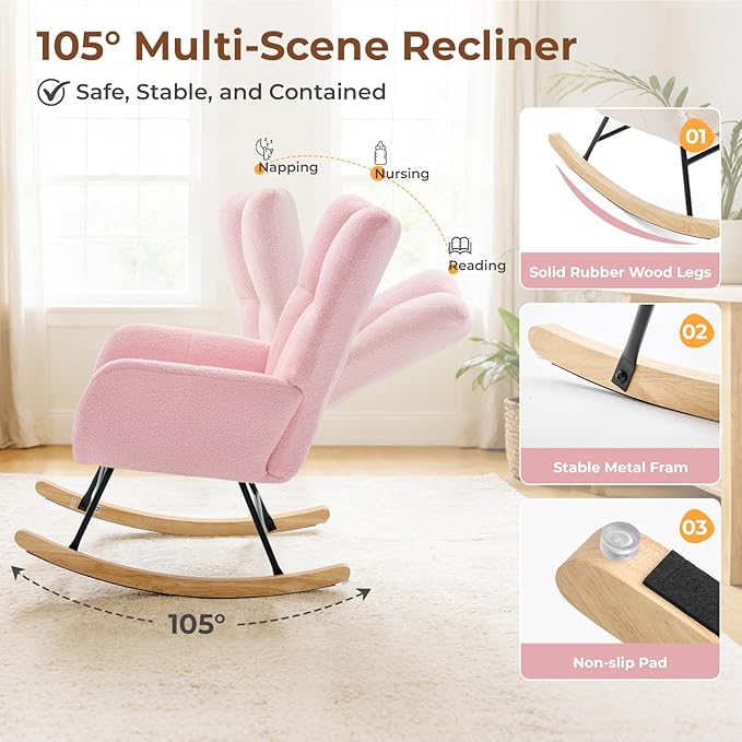 DUMOS Nursery Rocking Chair Teddy Upholstered, Comfy Glider Rocker - Image 3