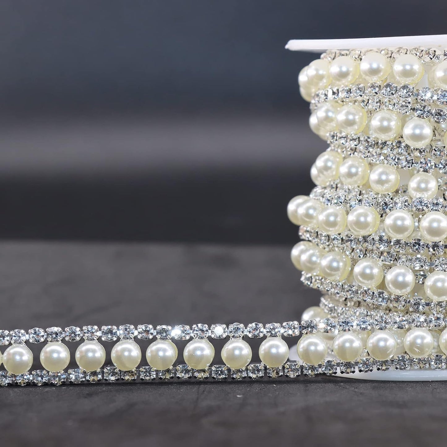 Jerler Rhinestone Trim Applique 1 Yard 2 Rows Crystal Chain Banding Diamond Inlaid White Pearl Beaded Rhinestones for Crafts Clothing and Bridal Embellishments Wedding Ideas Christmas Decorations