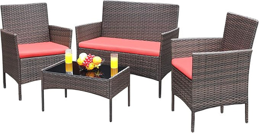 Greesum Patio Furniture 4 Pieces Conversation Sets Outdoor Wicker Rattan Chairs by BuynowfromGreesum
