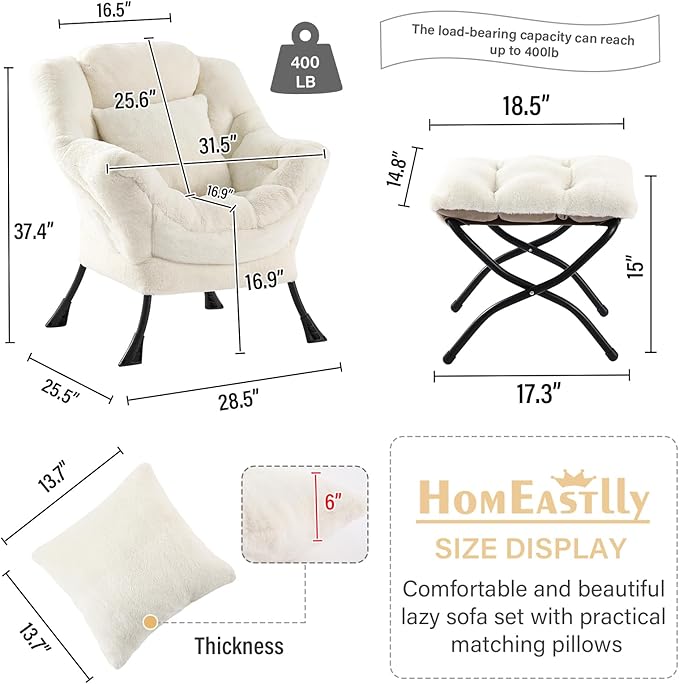 Lazy Chair with Ottoman, Large Lvory Accent Chair with Ottoman and FA Throw - Image 3