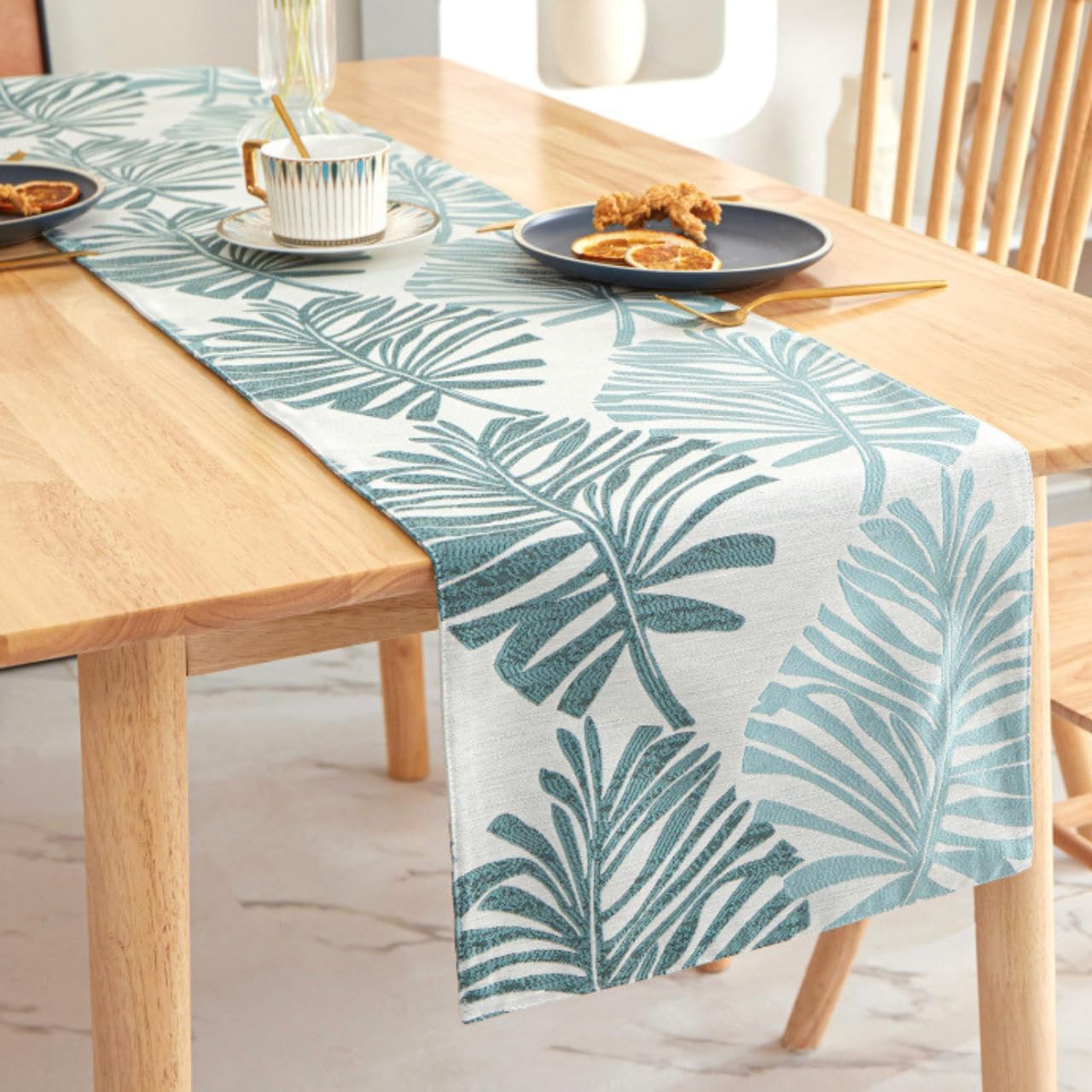 Monstera Leaf Table Runner – Elegant Fabric Table Centerpiece, Machine Washable, Gold or Green, 71"/83"/94" Length, 13" Width (Green/94)