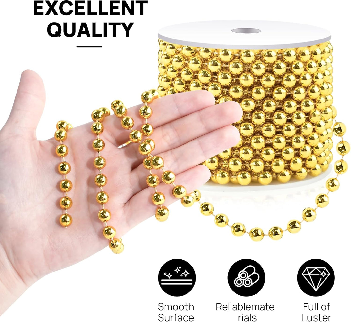 Craft String Pearls 8MM Pearl Bead, 33 Feet Gold Faux Pearl Garland Spool Roll Strand Wedding Party Decoration, Christmas Tree Decorations