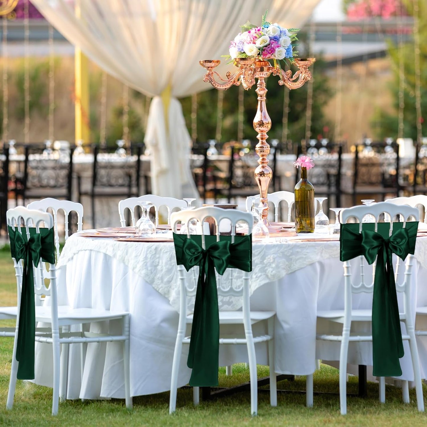 50 PCS Forest Green Satin Chair Sashes Bows Universal Chair Ribbon Ties Back Sash for Wedding Party Reception Events Banquets Hotel Event Chair Cover Decoration (7x108 inch)