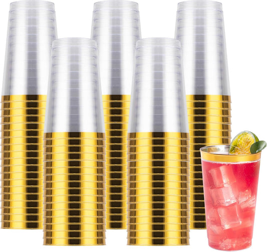 Goodluck 100PCS 14oz Gold Plastic Cups for Party, Disposable Gold Rim Cups, Plastic Cocktail Glasses for Wedding Thanksgiving, Christmas, and Parties