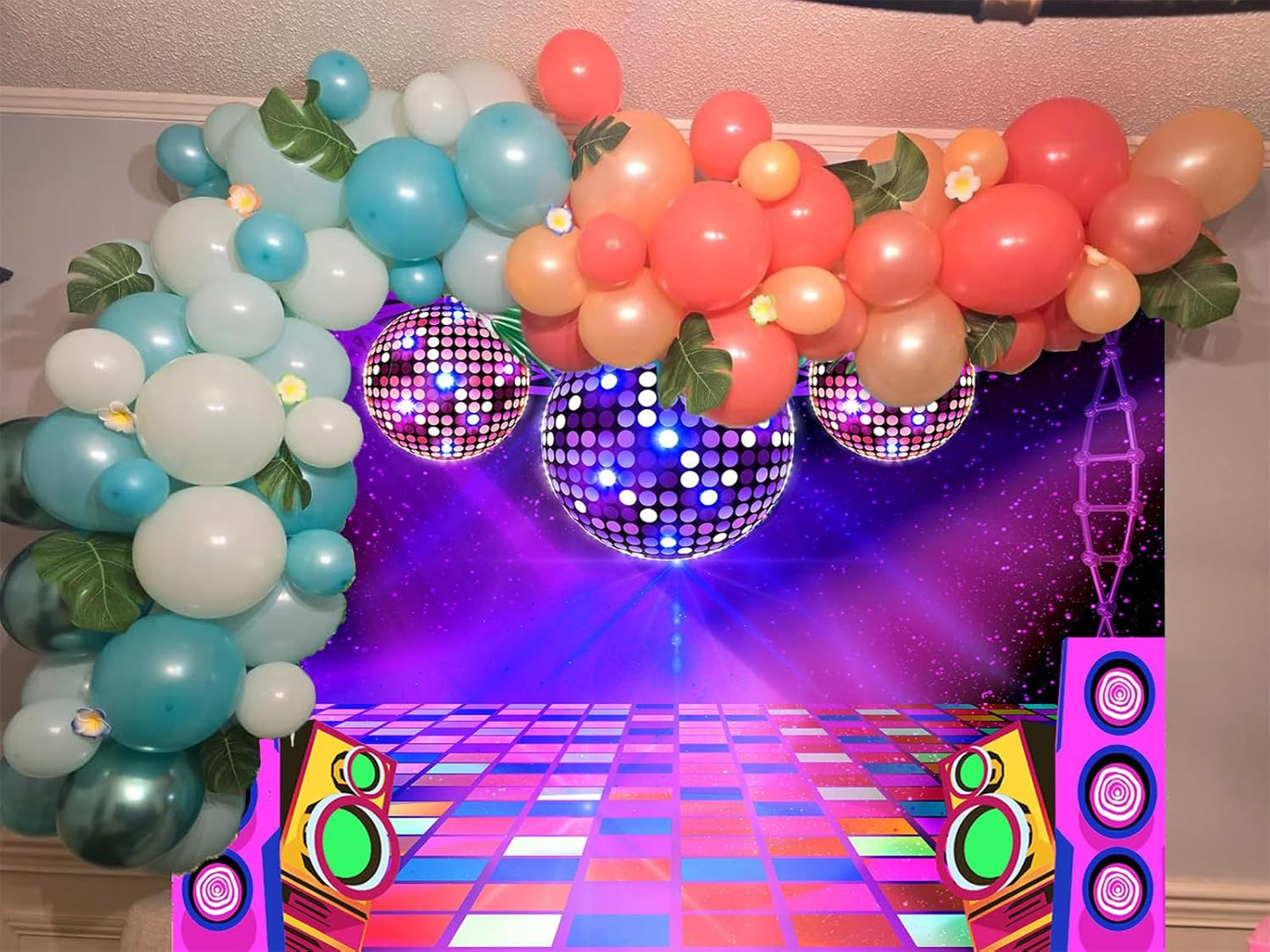 Dance Party Backdrop Retro 80s 90s Theme Stage Dance Ball Music Birthday Party Decoration DJ Photography Background 15 x 10 ft for Baby Shower Picture Photo Shoot Polyester Fabric, Red