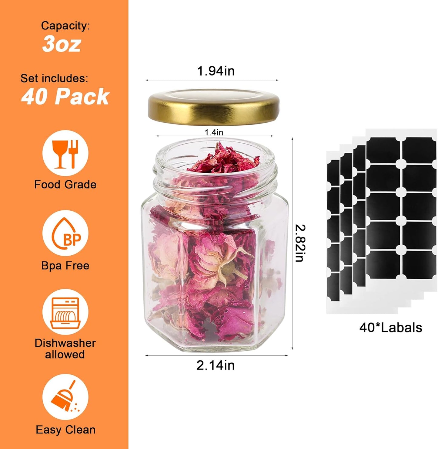 Small Glass Honey Jars with Lids 3oz,40 pack Airtight Glass Canning Jars with Gold Lids,Hexagon Glass Jars for Spice,Jam,Foods,Liquid,Baby Shower Favors,Wedding Favors,40 Labels