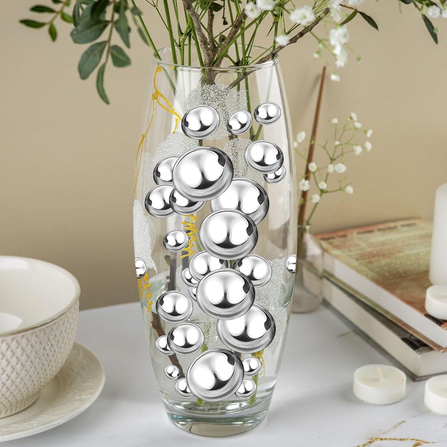 100PCS Silver Faux Pearls Beads for Centerpiece Vases, Vase Filler Faux Pearls, No Holes Filler Beads for Party Anniversary Birthday Wedding Table Decor, 14/20/30mm