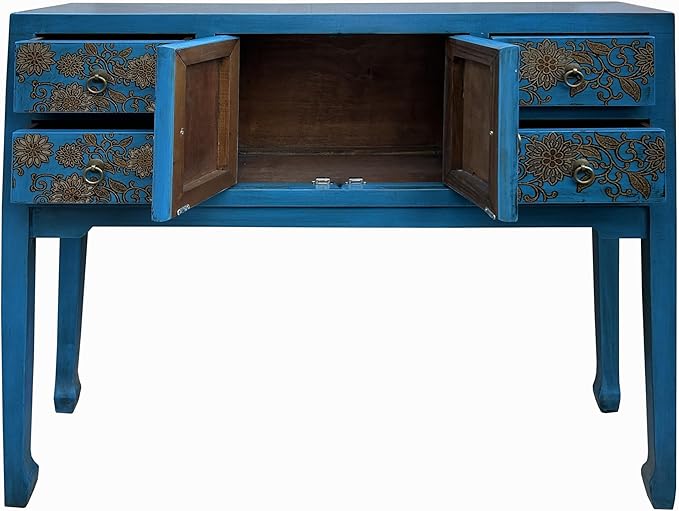 Blue Lacquer Golden Flower Graphic Drawers Slim Foyer Side Table Acs7732 - Image 5