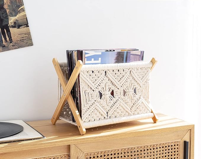 Mkono Macrame Magazine Rack Boho Storage Holder Standing Basket - Image 2