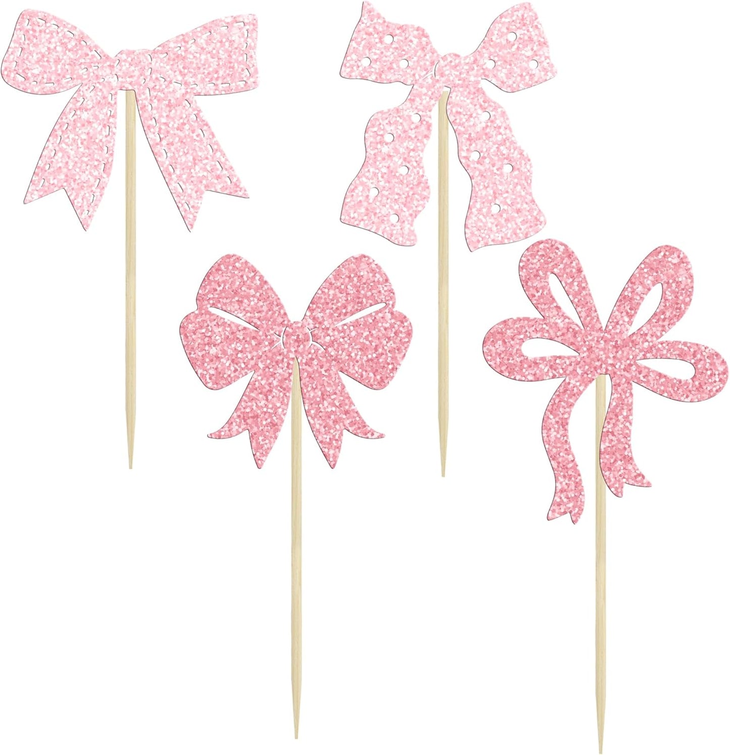 Ephlyn 24Pcs Pink Bow Cupcake Toppers Bow Birthday Cake Topper Girls Birthday Party Decorations Bowknot Cupcake Decorations for Bridal Baby Shower Birthday Wedding Themed Party Multi