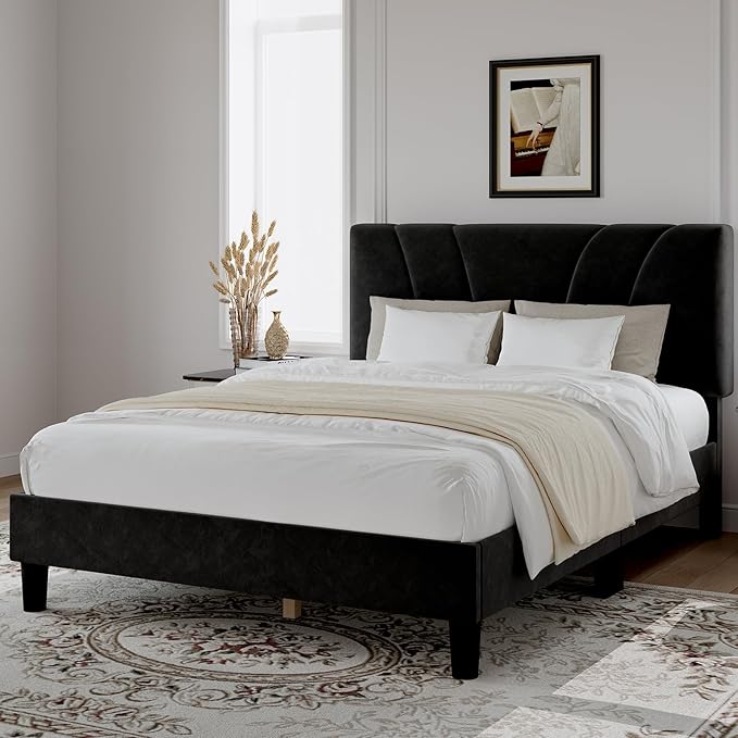 Novilla King Bed Frame and Headboard, King Bed Frame, Velvet Upholstered Bed - Image 3