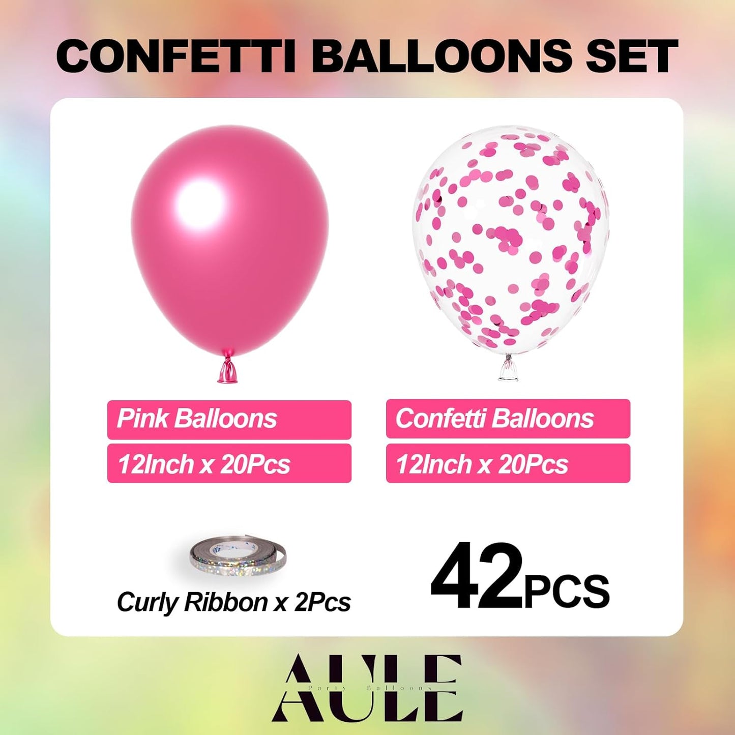 AULE Party Balloons Pack of 42 - Metallic Chrome Pink Balloons and Pink Confetti Latex Helium Balloons With 64ft Ribbons - 12 Inch Balloon Decoration Set