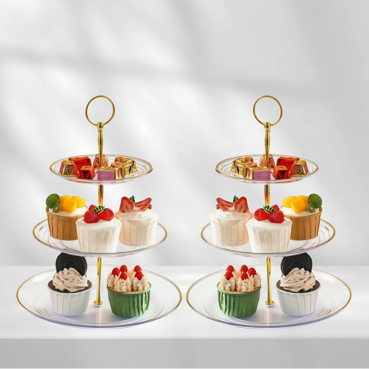 RAUVOLFIA 3 Tier Cupcake Stand, Small Tiered Serving Cake Stand, Transparent Plastic Dessert Stand, Weddings Parties Pastry Serving Tray (2 Pack, Clear Plate with Gold Rim)