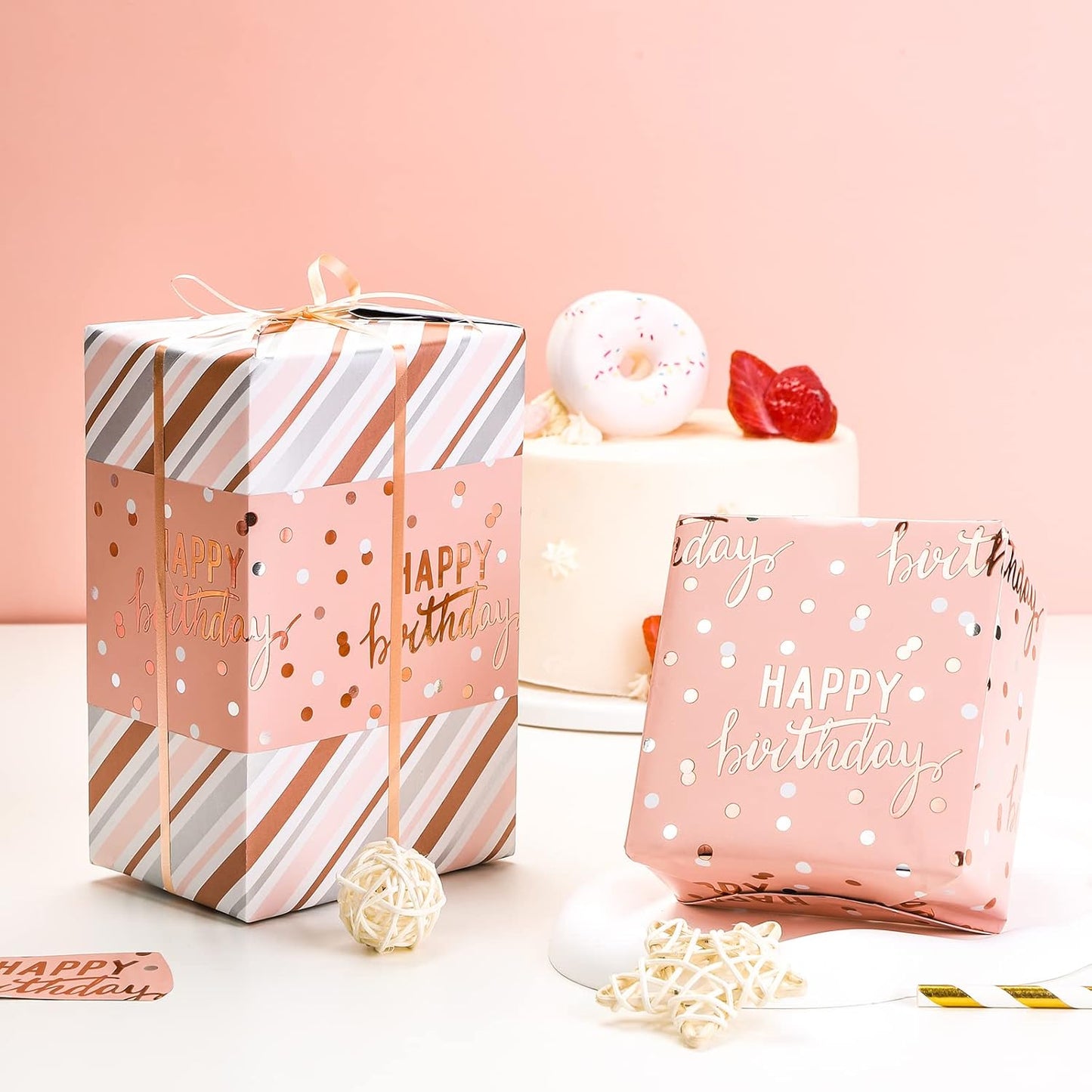 LeZakaa Reversible Pink Birthday Wrapping Paper Roll for Girls Women, Happy Birthday Lettering & Stripe Pattern with Metallic Foil in Pink, Mini Roll, 17 inches x 16.4 Feet