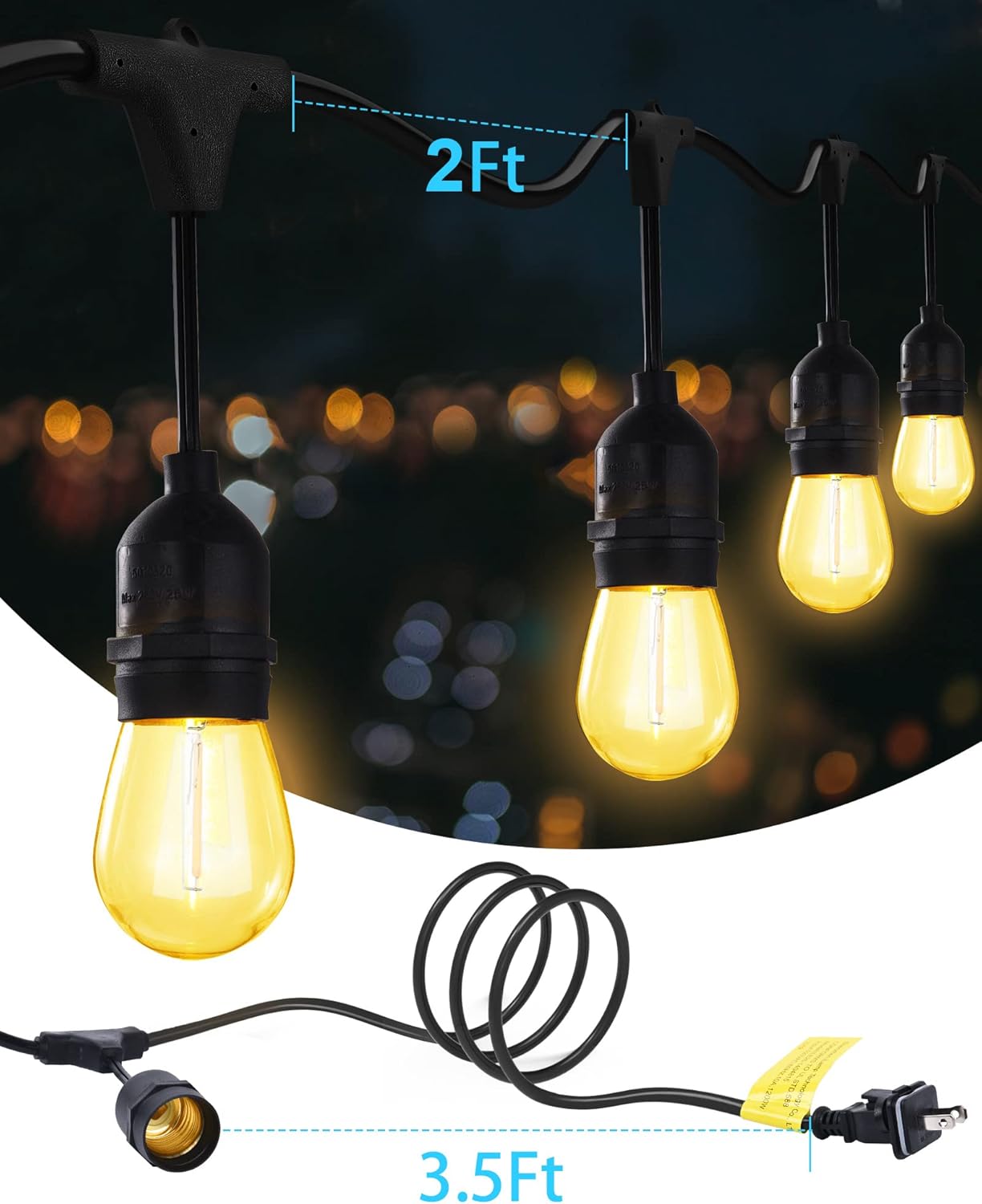 52FT Outdoor LED String Lights Shatterproof UL Listed 2FT Spacing with 26 Plastic Bulbs, Commercial Grade Hanging Lights String 24 Sockets, Decorative Patio Lights for Backyard Garden Party Bistro
