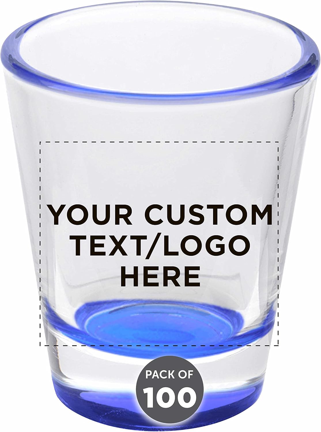 Custom Shot Glasses 1.75 oz. Set of 100, Personalized Bulk Pack - Great for Wedding Favors, Bachelorette Party Decorations, Party Fovors, Color Bottom - Blue