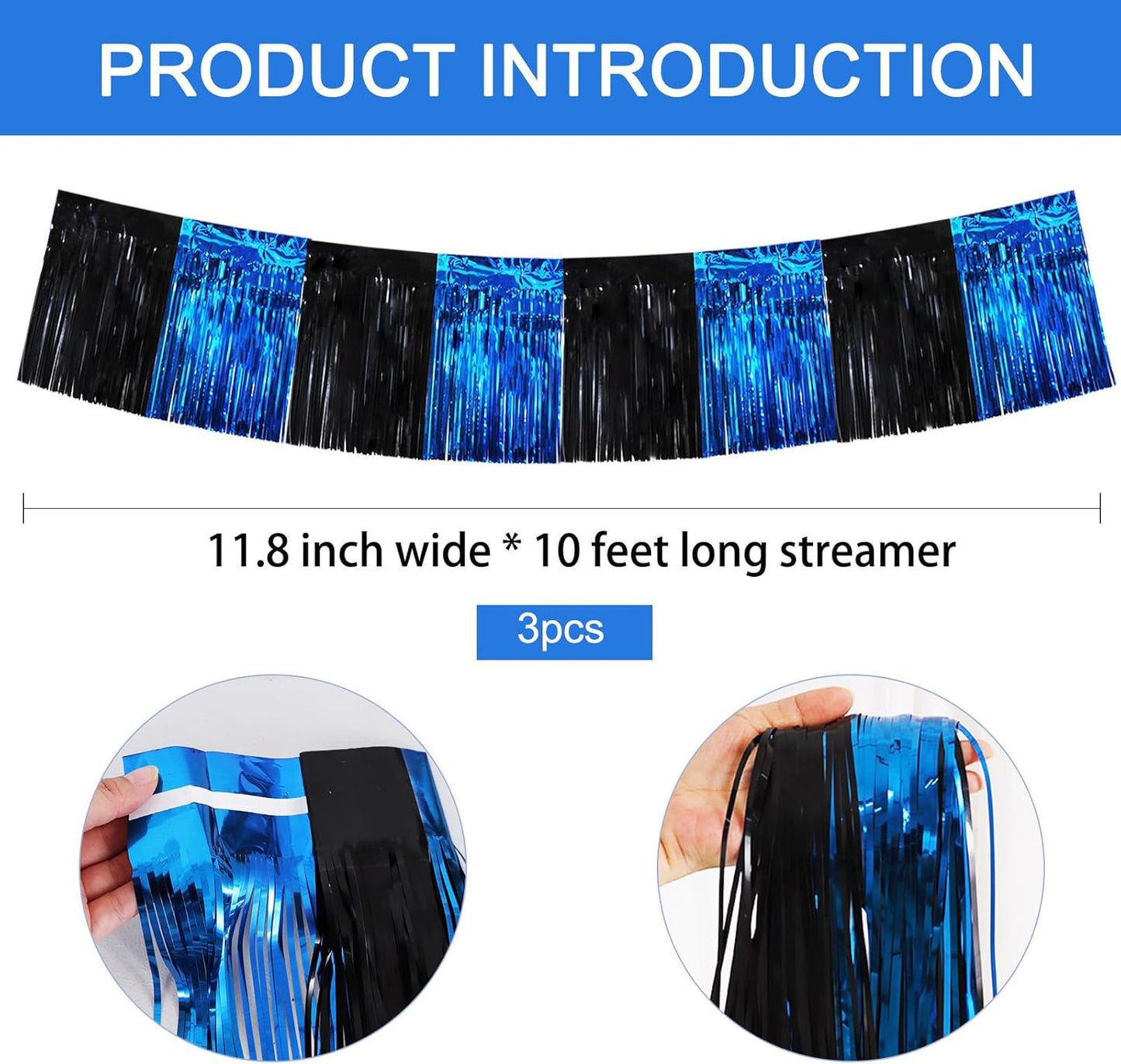 BEISHIDA 3 Packs Metallic Foil Fringe Garland Black Blue Wall Hanging Tinsel Fringe Banners for Car Floats Bridal Shower Wedding Birthday Easter Graduation Holiday Party Decoration(30 Feet)