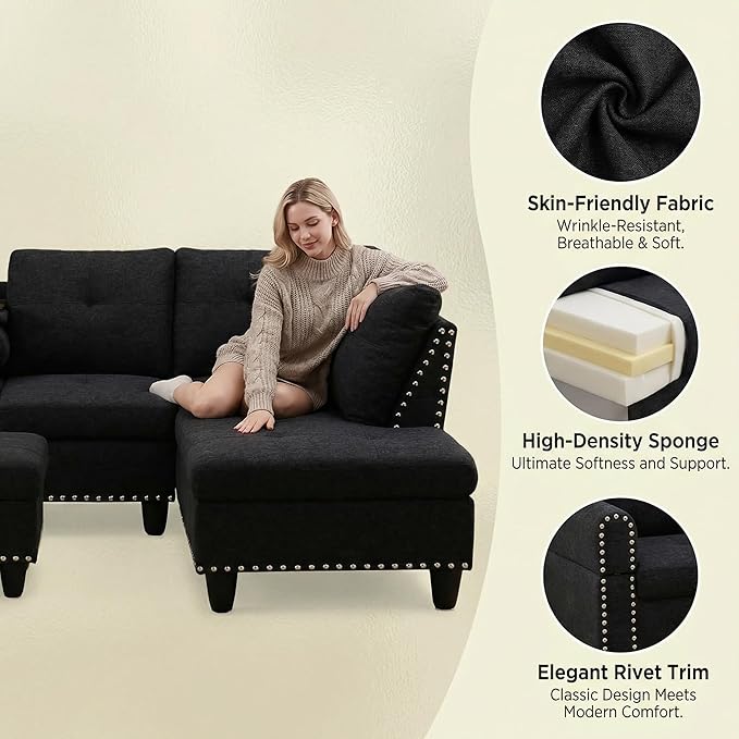 97.5" L Shaped Couch Set Linen, Modular Sectional Couches - Image 4