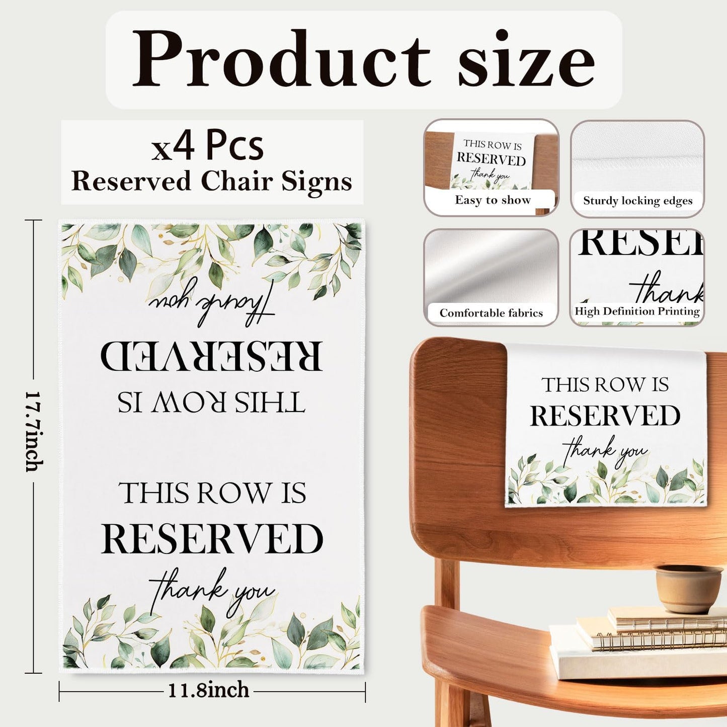 Reserved Seating Chair Signs, This Row Is Reserved Pew Cloths Seating Placeholder for Church Pews, Wedding Decorations for Reception Parties Celebrations Event Meetings (Green, 4 PCS)