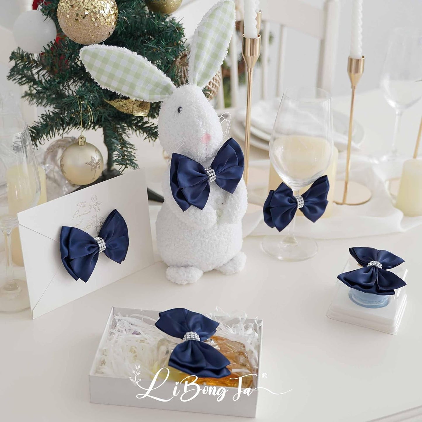 Navy Satin Bows 4'' Premade Blue Ribbon Bow, Gift Bows with Rhinestone, Wrapping Bows for Presents, Greeting Cards, Treat Bags, Wine Bottles, Valentines Bows for Gift Wrapping-12 Counts