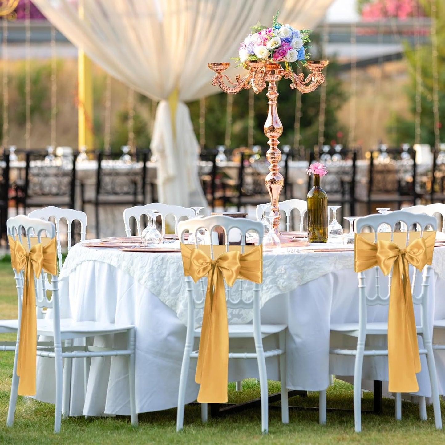 Satin Chair Sashes Bows Universal Chair Ribbon Ties Back Sash for Wedding Party Reception Events Banquets Hotel Event Chair Cover Decoration (7x108 inch) (100, Gold)