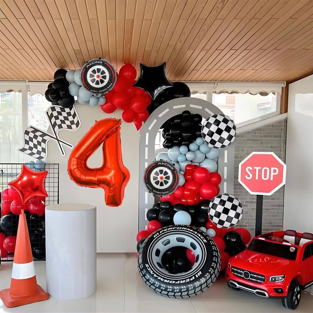 Race Car Birthday Decorations - 40 Inch Mylar Red Number 4 Balloons - Black Foil Checkered Race Car Balloons for 4st Birthday Race Cars Themed Party Decorations Supplies