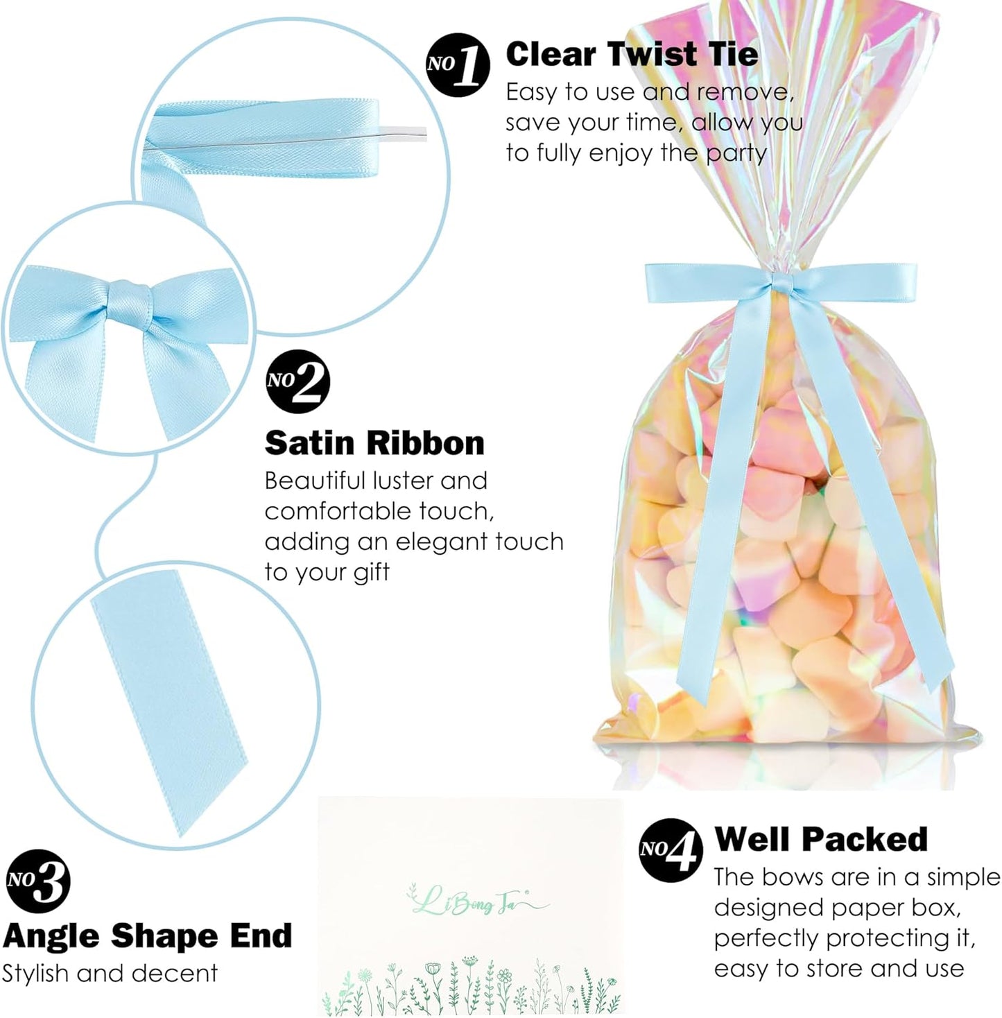 50 PCs Blue Bow 5 Inch Long Tail Bows for Gift Wrapping, Easter Bow Party Decorations, Twist Tie Bows, Satin Bows for Crafts, Premade Bows for Presents, Treat Bags, Bottles, Cakes