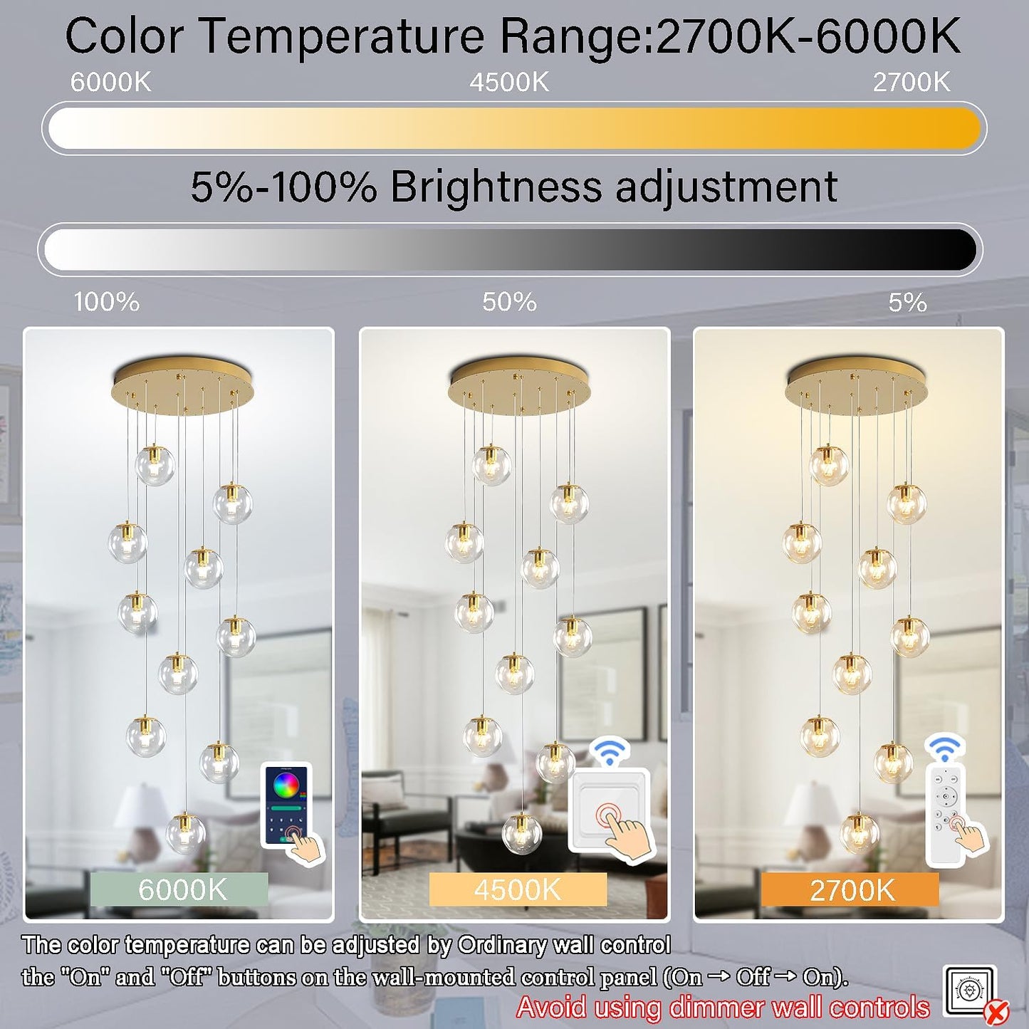 H118 Modern Glass Globe Chandelier Staircase Chandelier for Entryway 12-Lights Glass Globe Pendant Light Large Chandeliers for High Ceiling Foyer Stairwell