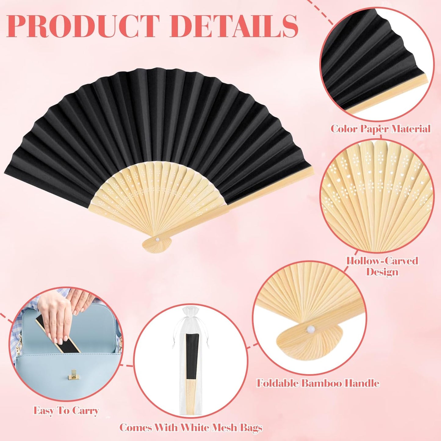 12 Pieces Black Hand Held Bamboo Folding Fans Paper Fans Handheld for Women Foldable Girls Wedding Decoration Church Home Party Favors Summer