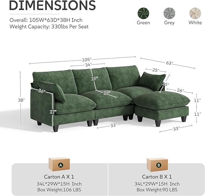 Ihanherry 105" Modular Sectional Sofa, L-Shaped Cloud Couch - Image 9