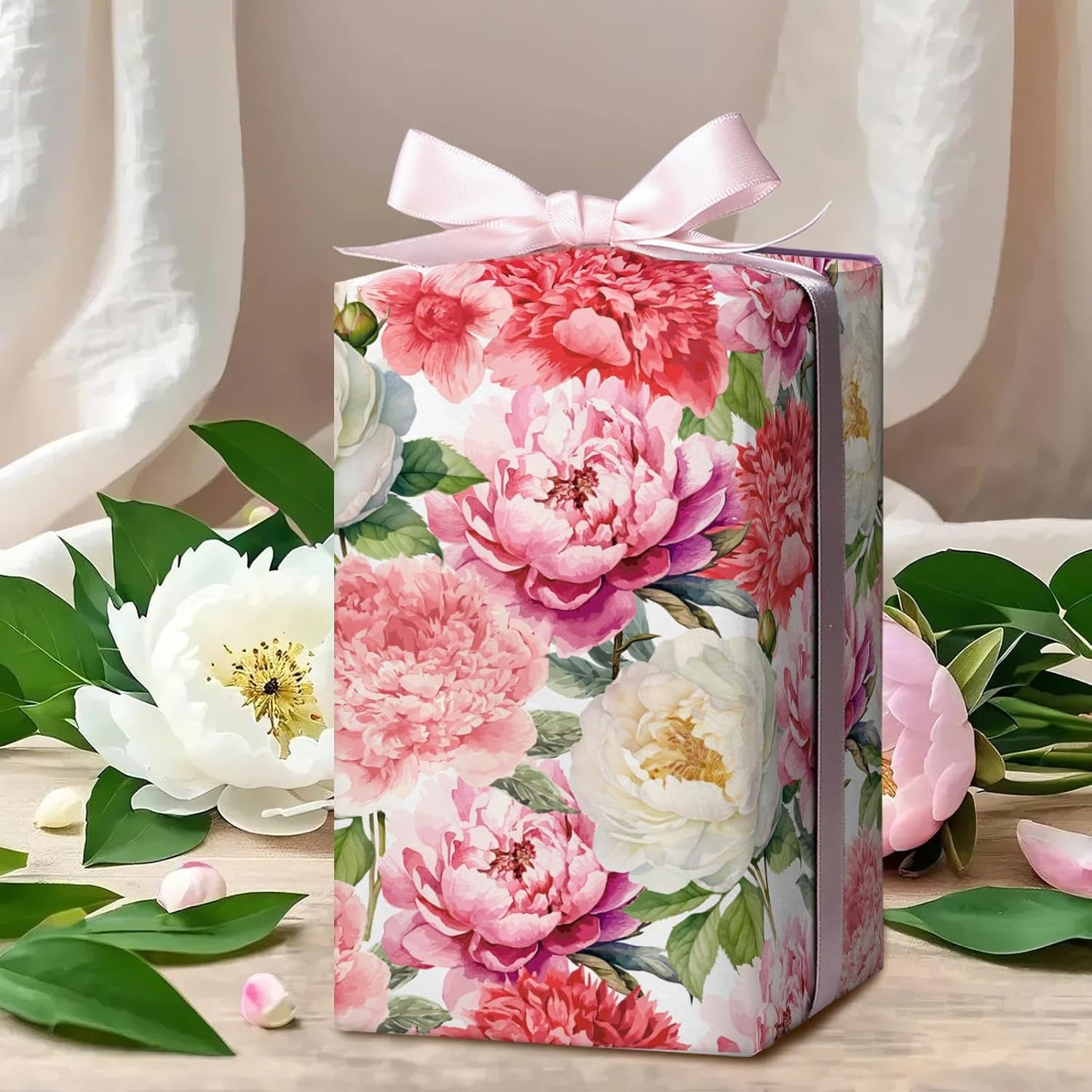 WRAPAHOLIC Floral Wrapping Paper Roll - Mini Roll - 17 Inch x 9.8 Feet - Red Pink Flower Wrapping Paper Perfect for Girls Women Birthday, Wedding, Bridal Shower