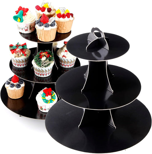 2Pcs 3-Tier Cupcake Stand, Cake Stand holder, Tiered DIY Cupcake Stand Tower for Dessert Table Displays, Birthday Theme Party Favors Decoration, Floral Tea Party, 12" W x 12.8" H, Black