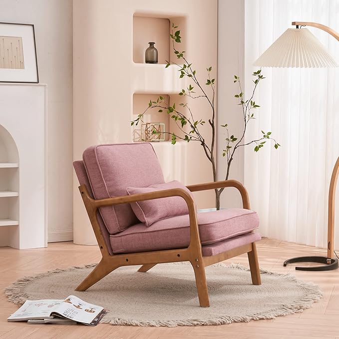 Bonnlo Linen Pink Mid Century Modern Accent Chair, Soild Wood Padding Lounge - Image 9