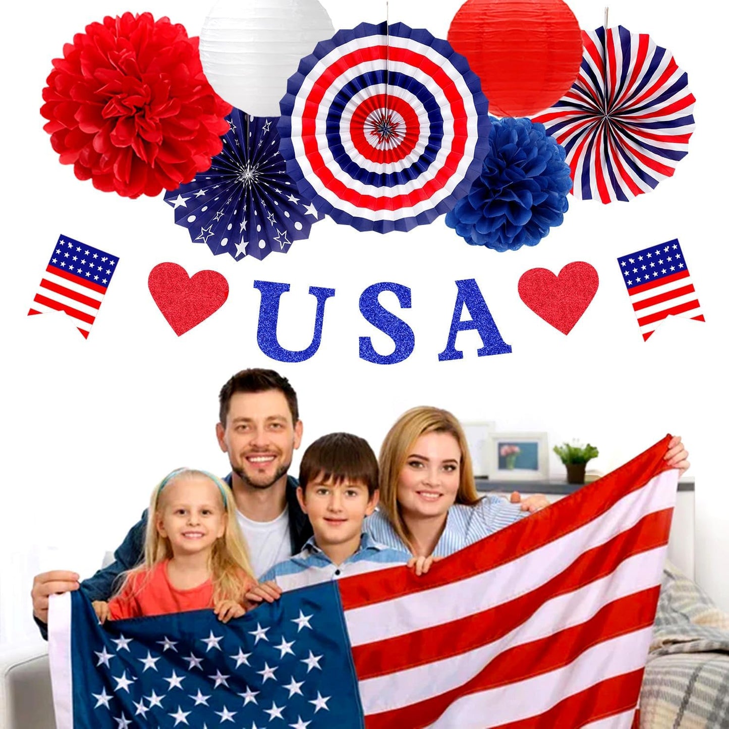 Red-White Blue Memorial-Day Patriotic Decorations - 21pcs 4th Fourth of July Americana Banner Garland,Independence Party Decor Paper Streamers Lanterns,Flower Tissue Pom Poms Fan Supplies Huglony