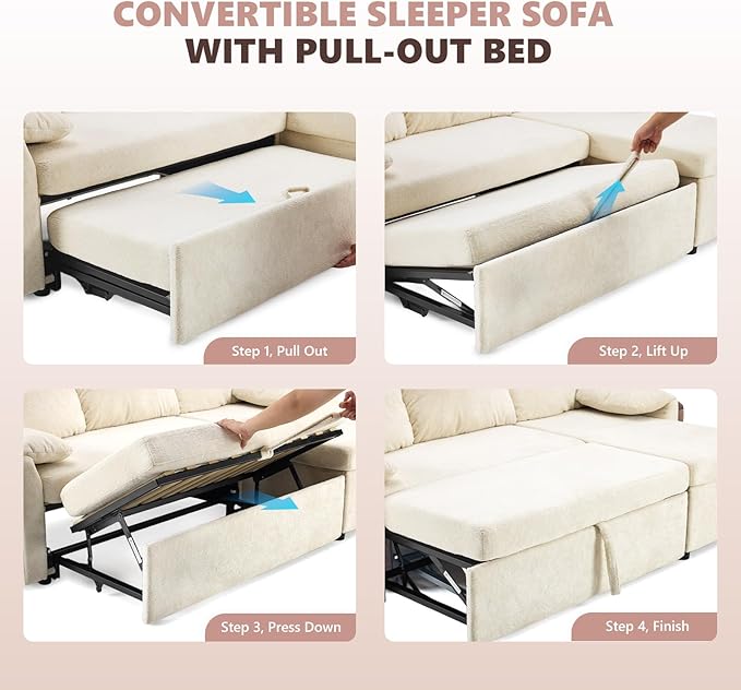 VINGLI Beige Convertible Futon Sofa Bed, Sleeper Sofa - Image 3